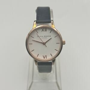 Olivia Burton Rose Gold Black Leather Women’s Minimalist Watch 30mm Working